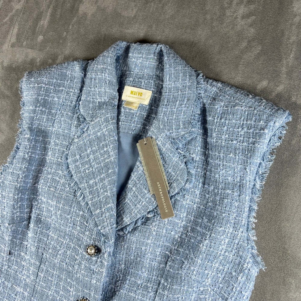 NWT Maeve Anthropologie Blue Tweed Longline Vest Pearl Button Frayed Trim 6P - Picture 3 of 11
